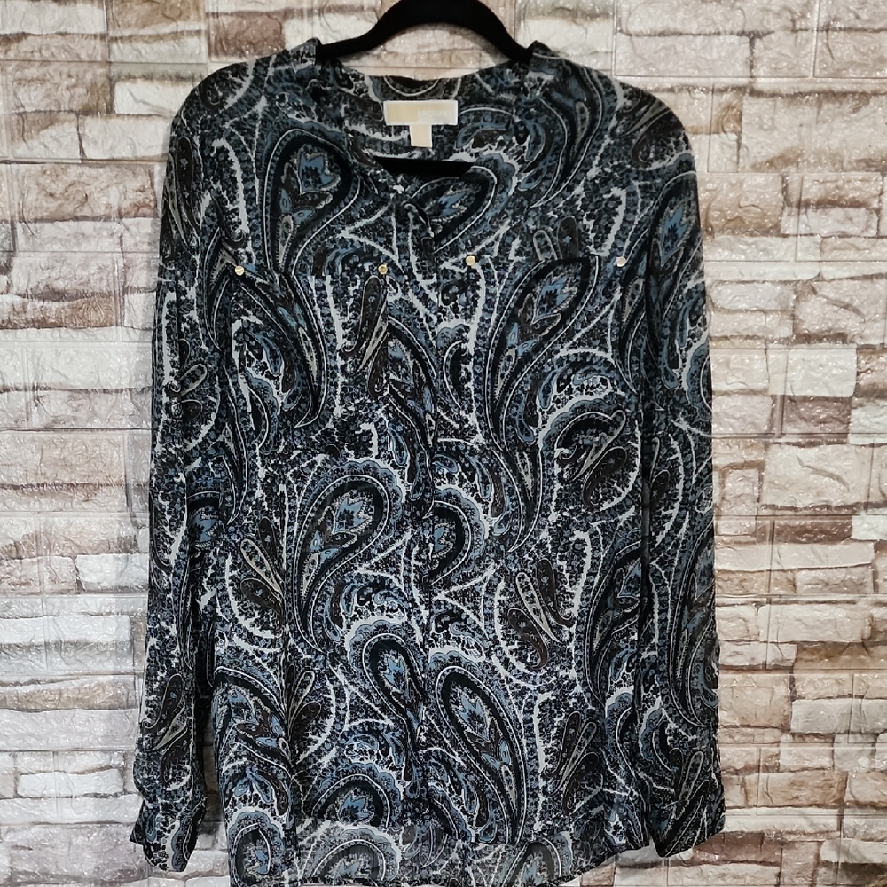 MICHAEL Michael Kors Blue Black Paisley Long Sleeve Top